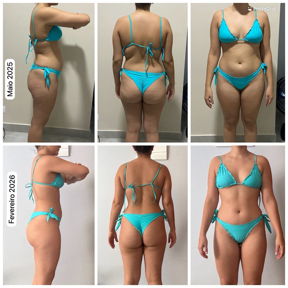 Antes e depois de aluna do Barriga Detox — maio de 2025 a fevereiro de 2026, três ângulos